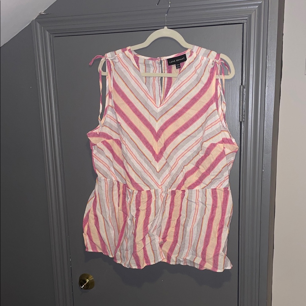 Lane Bryant Pink and White Striped Tie-Shoulder Peplum Tank Top